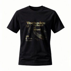 Technics School of Music T-Shirt Men's Black Gold Print DJ Turntable Design