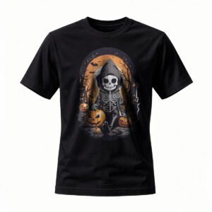 Halloween Grim Reaper Skeleton T-Shirt Men Women Spooky Pumpkin Design