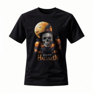 Halloween Skull Witch Hat T-Shirt Men Women Spooky Pumpkin Moon Design