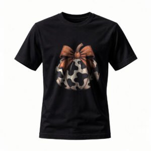 Cow Print Pumpkin T-Shirt with Bow for Fall Season