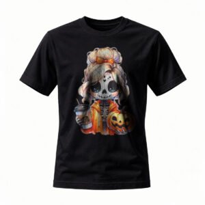 Halloween Skeleton Girl T-Shirt Cute Punk Pumpkin Coffee Design