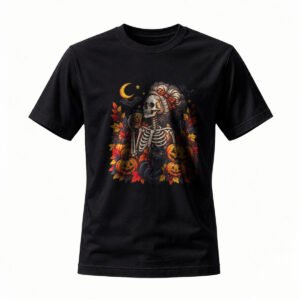 Halloween Skeleton Woman T-Shirt with Pumpkin and Cat Design