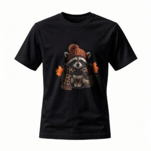 Cute Raccoon with Coffee Autumn T-Shirt for Men / Women