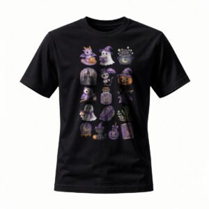 Halloween Magic Purple Theme T-Shirt for Men / Women Cute Ghost Witch Cat Design