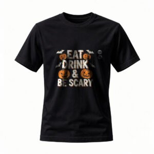 Halloween T-Shirt Eat Drink Be Scary Pumpkin Bat Design Men Women Tee