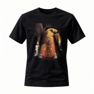 Halloween Pumpkin T-Shirt with Candles and Bats Design for Men / Women