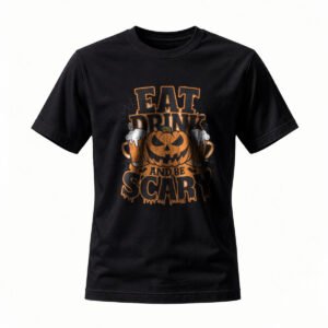 Halloween T-Shirt Eat Drink and Be Scary Pumpkin Design Men's Women's Tee