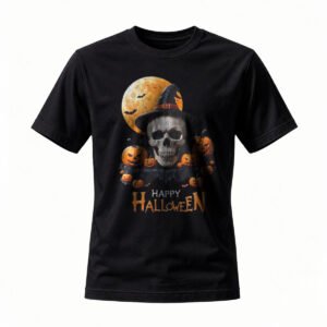 Halloween Skull Witch Hat T-Shirt Men Women Spooky Pumpkin Moon Design
