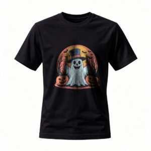 Halloween Ghost T-Shirt with Top Hat and Pumpkins Design