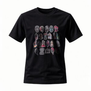 Men's Black T-Shirt with Vintage Rock Band Patches Design
