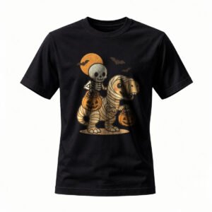 Halloween Skeleton Riding Mummy Dinosaur T-Shirt Men Women Funny Costume Tee