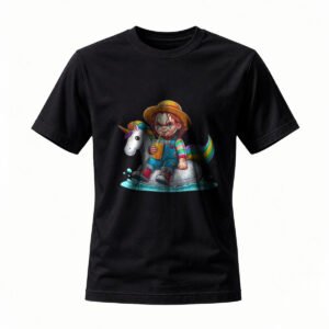Chucky Riding Unicorn T-Shirt Funny Horror Pop Art Men's Tee