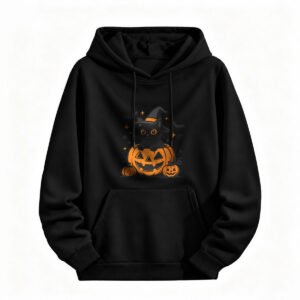 Halloween Cat Pumpkin Hoodie for Men or Women Spooky Costume Sweatshirt