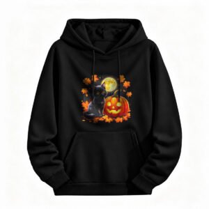 Halloween Black Cat Pumpkin Hoodie for Men or Women Spooky Autumn Wear