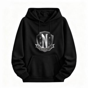 N Shield Crest Hoodie Unisex Black Sweatshirt with Latin Slogan Unitas Est Invicta