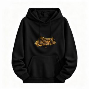 Happy Halloween Hoodie for Men or Women Black Gold Print Festive Sweatshirt