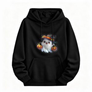 Cute Ghost Halloween Hoodie for Men or Women Funny Witch Hat Pumpkin Design