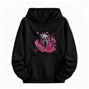 Halloween Horror Movie Mask Hoodie for Men or Women Pink Rose Design