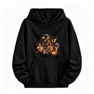 Stay Spooky Halloween Hoodie for Men or Women Black Witch Hat Pumpkin Design