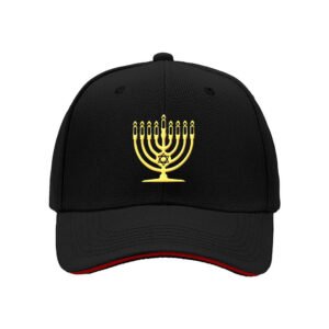 Men's Black Baseball Cap with Gold Menorah Design Hanukkah Gift